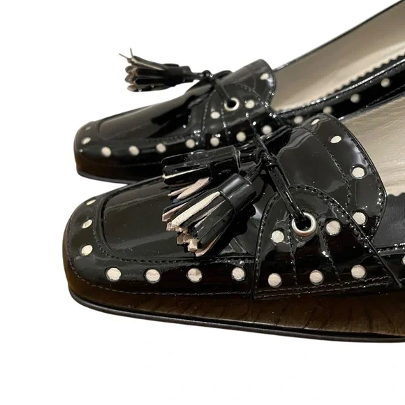 Coach Jude Patent Leather Black Parchment Studded Tassel Kitten Heels Women 10 - Picture 2 of 11